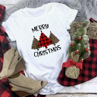 Women Fashion Graphic Cute Tee Kawaii White Short Sleeve T Shirt Plaid Merry Christmas T Shirtเสื้อยืดผู้หญิง