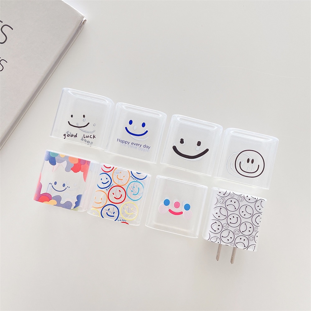 เคสชาร์จ ฝาครอบป้องกัน อ่อน TPU การ์ตูนน่ารัก ใบหน้าที่ยิ้ม ลวดลาย ชัดเจน USB Data เชลล์ชาร์จ สำหรับ Apple ต้นฉบับ 18W/20W ที่ชาร์จ