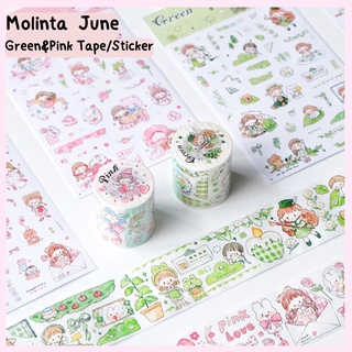 Molinta JUNE Tape &amp; sticker Green/Pink ลายต้อนรับเดือนนี้ด้วยสีชมพูและเขียว สดใสมากๆค่า