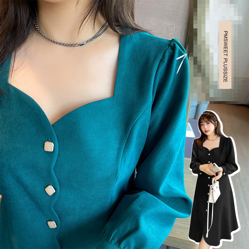 [ 🔥อกถึง 51" ] : PMP2052 : พรีออเดอร์ เสื้อผ้าไซส์ใหญ่ เดรสทำงานคนอ้วน สาวอวบ คอเหลี่ยม แต่งกระดุมหน