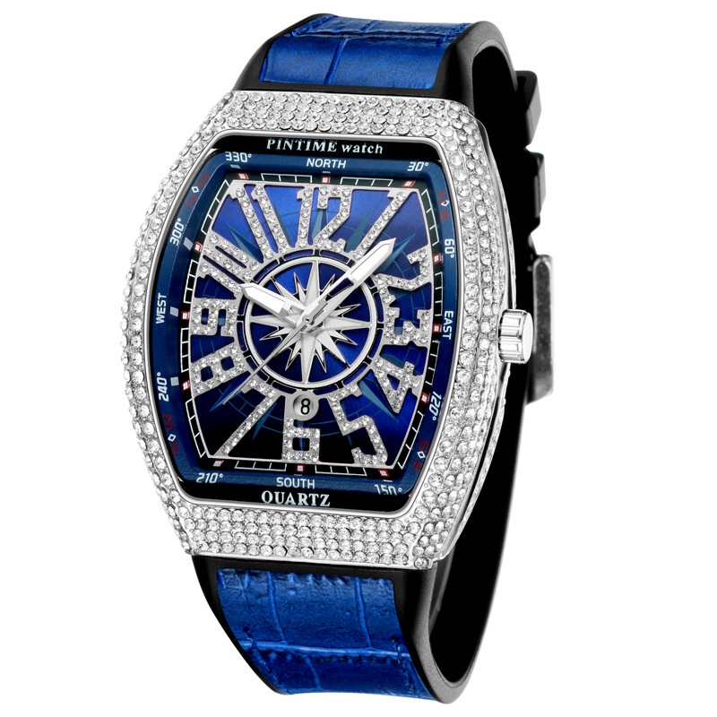PINTIME/Pin Shi Frank Barrel นาฬิกาผู้ชายแฟชั่นหน้าปัดขนาดใหญ่ Gypsophila เข็มขัด Yacht Diamond Retro Time นาฬิกาผู้ชาย