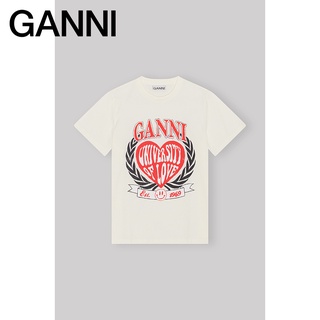 เสื้อยืดแขนสั้นลําลอง คอกลม พิมพ์ลายโลโก้ Ganni สไตล์เรโทร สําหรับผู้หญิง3263135