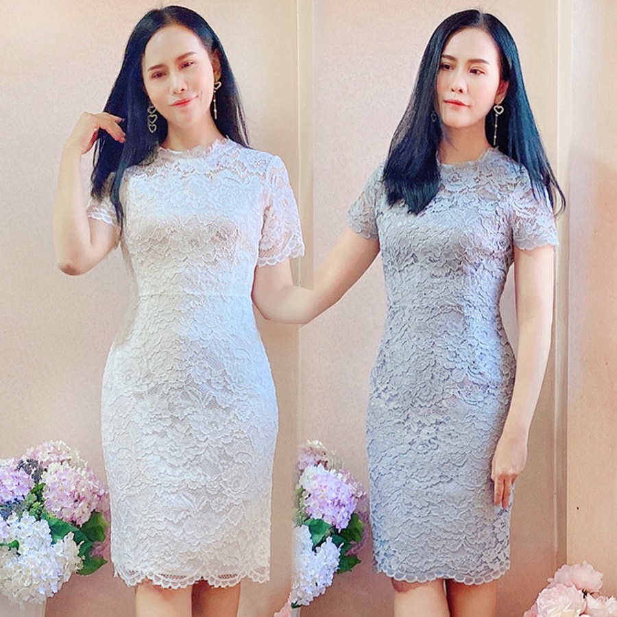 เดรสลูกไม้แขนสั้น สีขาว/สีเทา ด้านหลังแต่งโบว์ M-XL