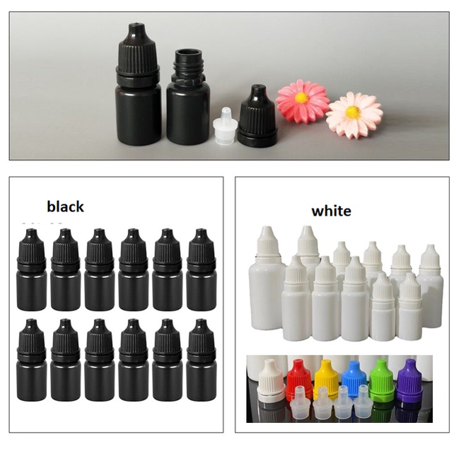 100 ชิ้นพลาสติก Squeezable Dropper ขวดป้องกันแสง Liquid Care Droppers ขวดสีดําสีขาว 3ml 5ml 10ml 20ml 30ml