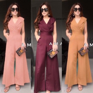 💋💓ชุดเที่ยว ออกงาน Jumpsuit จั้มสูทแขนกุด คอปกสูท ผ้าโฟร์เวย์สีพื้น ทรงขากระบอกกว้าง ใส่สะดวก