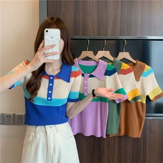 🥨เสื้อไหมพรม คอปกแขนสั้น สีสันสดใส น่ารัก เกาหลี แต่งกระดุมกระได้ 4สีพร้อมส่ง 🥨 #A21