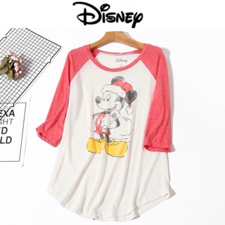 เสื้อยืด ดิสนีย์สีขาว แขนแดงชมพู. สกรีน ลาย MICKEY  mouse (TS067)