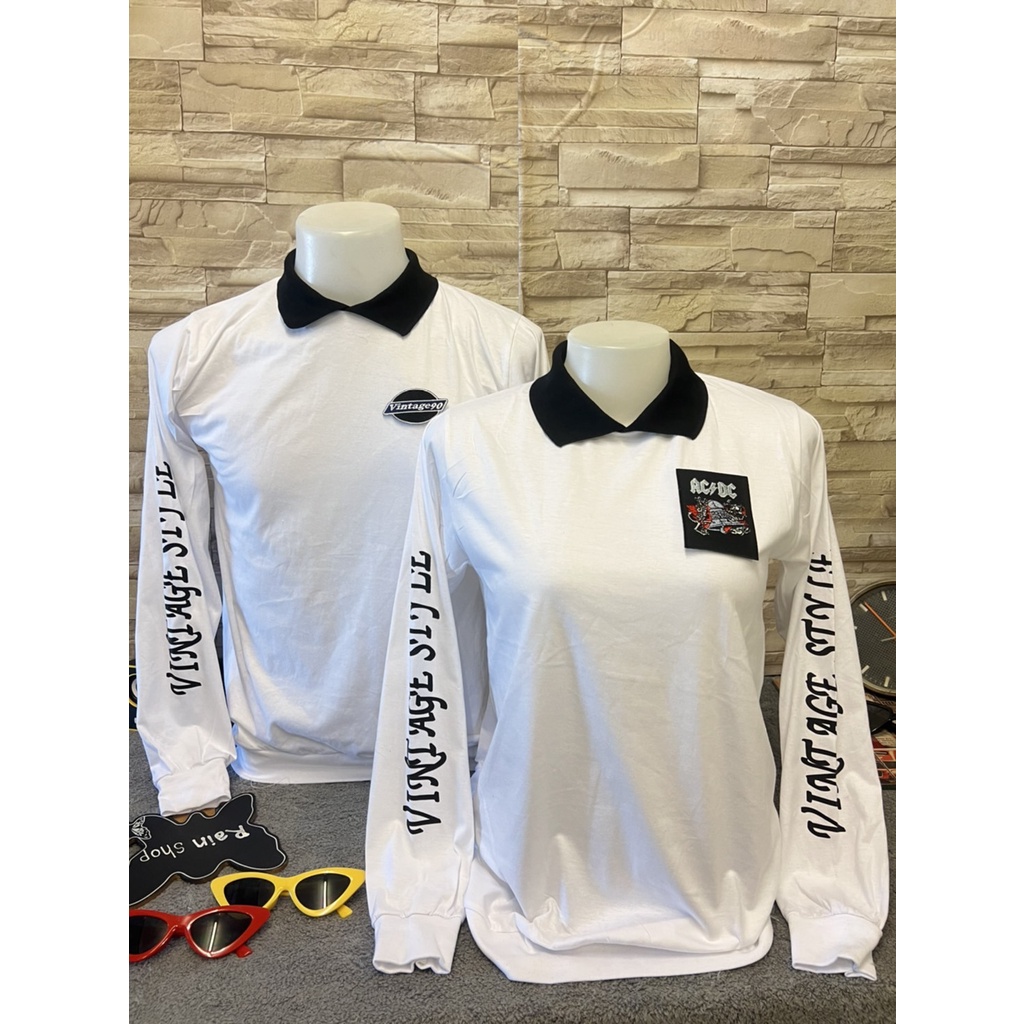 เสื้อโปโลสีขาวพื้นแต่งอาร์ม สกรีนแขนวินเทจสไตล์ เสื้อคอปกสีขาวพื้นสกรีนสไตล์วินเทจ เสื้อแขนยาว สินค้าพร้อมจัดส่ง