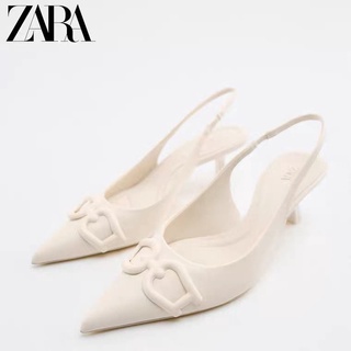 Zara ใหม่ รองเท้าส้นสูง หัวแหลม มีสายรัดด้านหลัง สีขาว หรูหรา แฟชั่นฤดูร้อน สําหรับผู้หญิง 2022