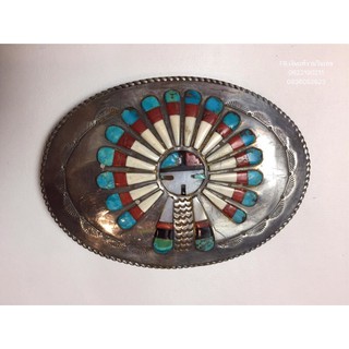 เข็มขัดวินเทจฮิปปี้ งานเมกา Vintage Navajo Sterling Silver Turquoise Inlay sunface Belt Buckle by RB