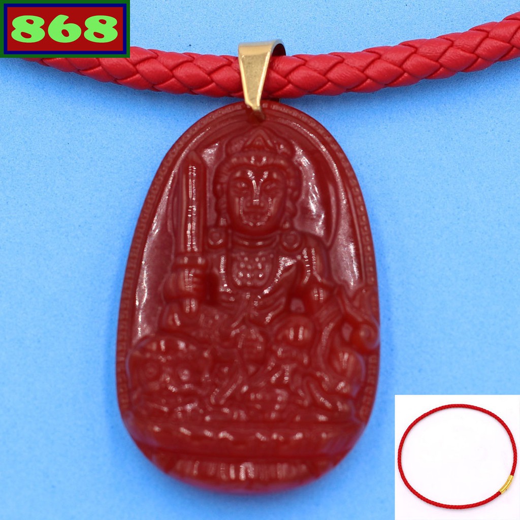 Manjushri Buddha สร้อยคอหนังสีแดงหินสีแดง ขนาดหน้า 3.6cm, 5cm