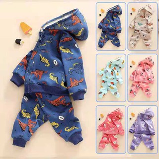 Babyonline(Y281)D5ชุดเช็ตเสื้อกันหนาวเด็กผ้านุ่มลายน่ารัก แบบมีซิป+หมวก