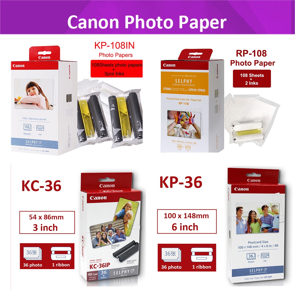 Kp-108in RP-108 กระดาษโฟโต้ สําหรับเครื่องพิมพ์ภาพ Canon Selphy CP Series CP1200 CP1300 CP910 CP800 KP-36