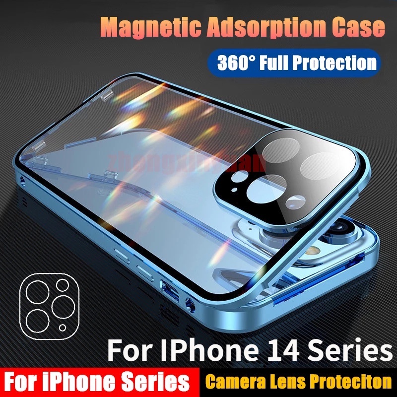 เคสโทรศัพท์มือถือแบบแก้วแข็ง แม่เหล็ก สองด้าน ป้องกันเลนส์กล้อง สําหรับ iPhone 14 Pro Max 14Plus 14 14Pro