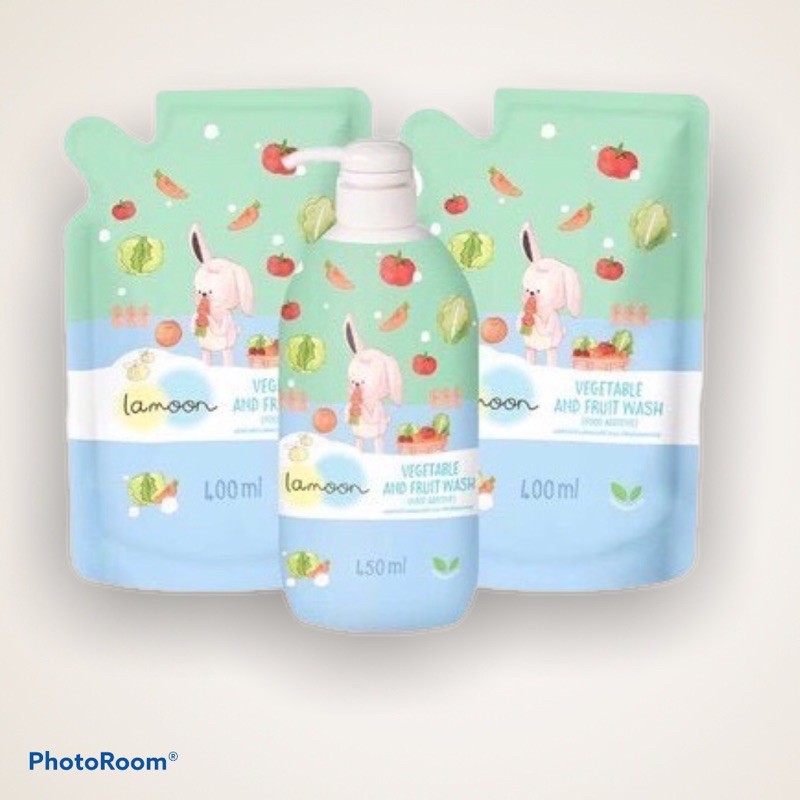 LAMOON ละมุน น้ำยาล้างผักและผลไม้ออร์แกนิค 450 ml. และถุงเติม 400 ml.