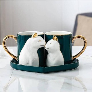 ถ้วยกาแฟคู่รัก แก้วกาแฟเซรามิคหรูหรา มีจานรองทรงหัวใจ พร้อมกล่องใส่