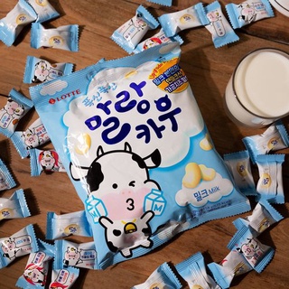 Lotte Soft malang cow milk &amp; strawberry milk chewy candy ขนมเกาหลี ลูกอมนมวัวรสนม รสสตอเบอรี่ 롯데 말랑카우 79g