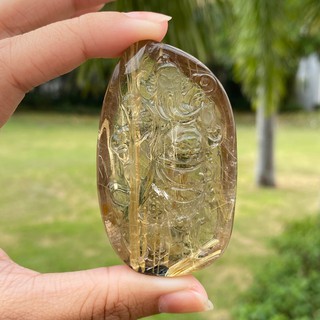 หินไหมทองแกะสลักเทพกวนอู/ของตั้งโชว์(Golden Rutile Quartz)แท้100%💛เกรดPREMIUM📌