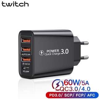 Twitch อะแดปเตอร์ชาร์จ USB 60W 3.0 PD Type C 4 พอร์ต แบบติดผนัง