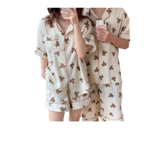 Chuuchop_พร้อมส่ง(C7124) °.⭐️𓈒* TEEN TEDDY nite suit เซ็ตชุดนอน เสื้อเชิ้ตแขนสั้นและกางเกงขาสั้นผ้าย่นสีเบจลายหมี