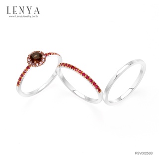 Lenya  Jewelry แหวนเงินแท้ 925 ชุปทองคำขาว ประดับพลอย สโมกี้ควอตซ์ พิงค์แซฟไฟท์และพลอยสีแดง ทับทิม ดีไซน์ stack rings