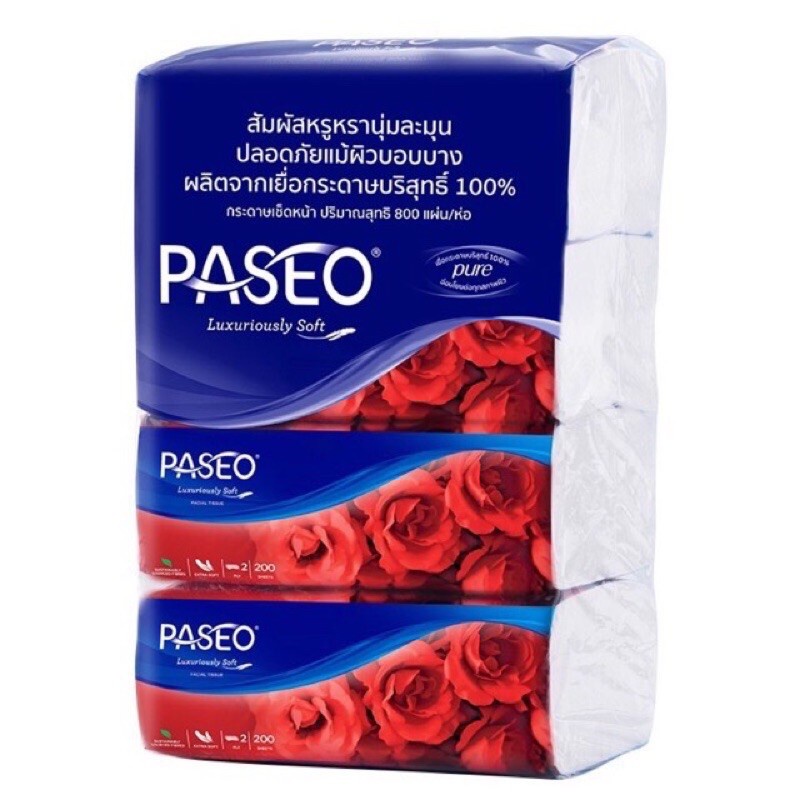 Paseo พาซิโอ ทิชชู่ กระดาษชำระ กระดาษเช็ดหน้า 200 แผ่น/ห่อ แพ็ค 4 ห่อ
