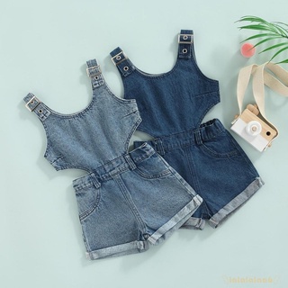 LAA6-Girl Summer Playsuit, Sleeveless U-neck Buckle Shoulder Straps Cutout Waist Denim Romper