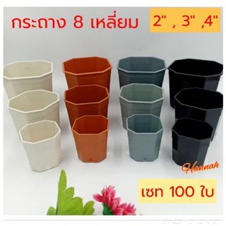 กระถางต้นไม้ 3 นิ้ว เซ็ท 100 ใบ (8เหลี่ยม) กระถางต้นไม้พลาสติก กระถางแคนตัส สีขาว สีดำ สีเทา สีส้ม