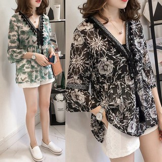 เสื้อชีฟองคอวีแขนยาวสําหรับผู้หญิง
