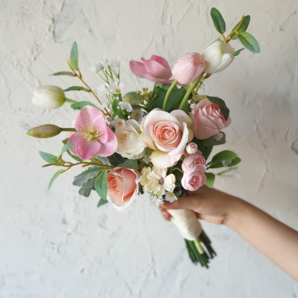 ช่อเจ้าสาว Soft pink ละมุน แบบสดใส ดอกไม้ประดิษฐ์เกรดเสมือนจริงทั้งช่อ Green garden flower