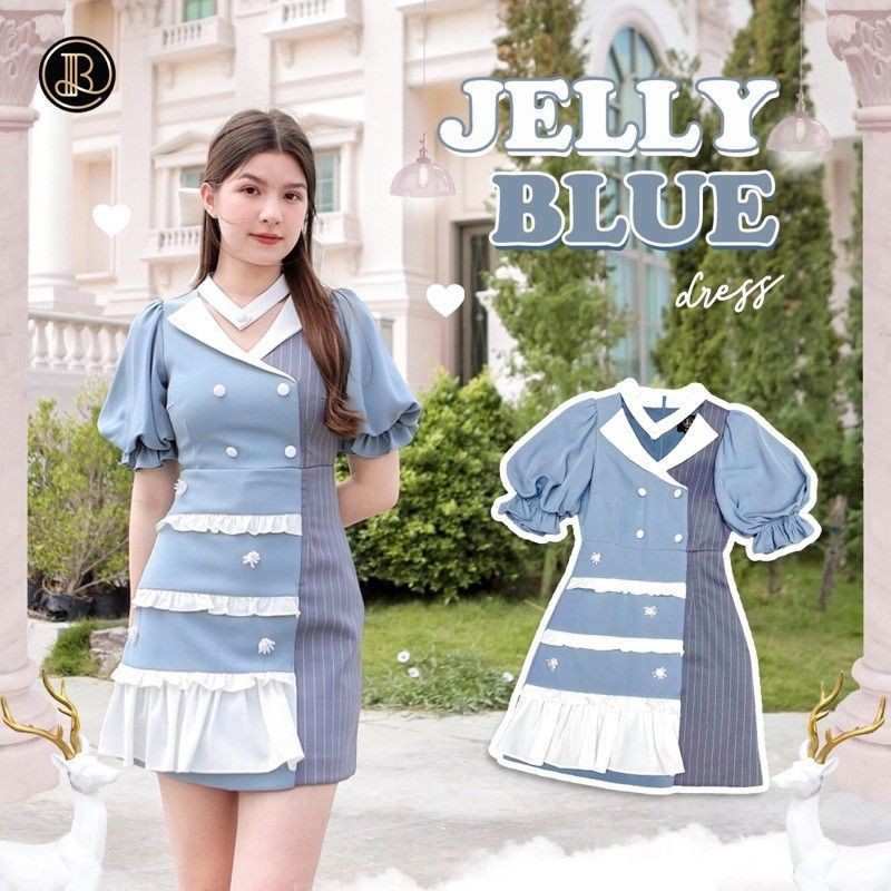 Jelly Blue minidress : มินิเดรสเจลลี่บลู เดรสสั้น BLT มินิเดรสสีฟ้าตัดด้วยสีขาวละมุน แขนตุ๊กตา ลูกเล่นคอปก ไซส์ M