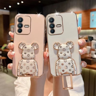 เคสโทรศัพท์มือถือ ซิลิโคนนิ่ม พร้อมขาตั้ง พับได้ หรูหรา สําหรับ Vivo V23 V23E V21 V21E V20 SE Y33T Y33S Y21T Y21S Y21 T1X 4G