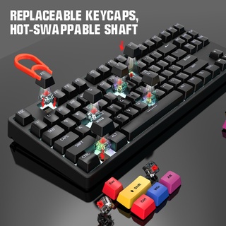 Superage Gaming Keyboard 87 Keys USB Wired Red Switch Ergonomic Stepped Design Backlit Mechanical with Keycaps Puller