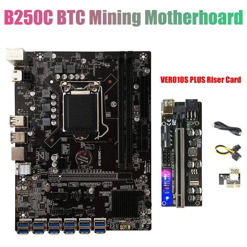 B250C BTC Mining Motherboard+VER010S PLUS Riser with Light 12XPCIE to USB3.0 GPU Slot LGA1151 Support DDR4 RAM KLX5