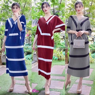 HappyMommy เดรสให้นม ( คลุมท้อง ) ผ้าอัดพลีท Kaftan-Stripe