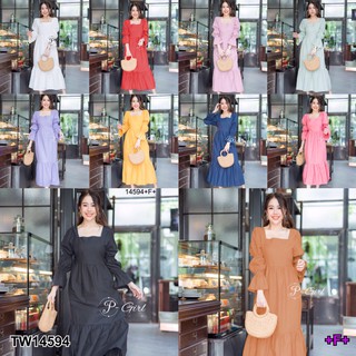 PP14594 เดรสยาวคอเหลี่ยมแขนกระดิ่ง