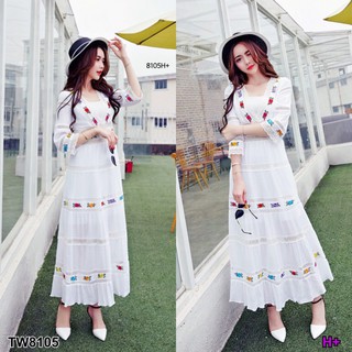 TwinsShopVip💗พร้อมส่ง TW8105 แม็กซี่เดรสพิมพ์ดอกแต่งลูกไม้ floral print maxi dress with lacefloral print maxi