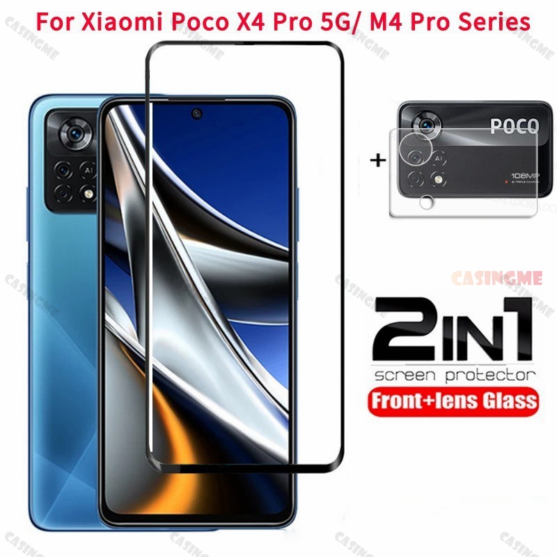 2 in 1 ฟิล์มกระจกนิรภัยกันรอยหน้าจอ แบบเต็มจอ สําหรับ Xiaomi Poco M4Pro X4Pro 5G X3 GT M4 M3 X4 Pro 