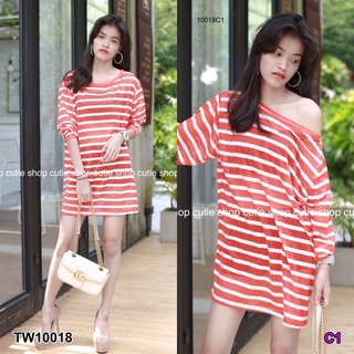 TW10018 Dress เดรสสั้นคอปาดแขนยาว เนื้อผ้าคอตตอนซีทรูลายทาง ใส่สบาย พร้อมส่งค่ะ  +++นางแบบใส่งานจริง+++