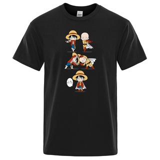 เสื้อยืดลําลอง สําหรับผู้ชาย แขนสั้น คอกลม พิมพ์ลายอนิเมะ One Piece Luffy Loves Saitama สีดํา สไตล์ญี่ปุ่นS-5XL