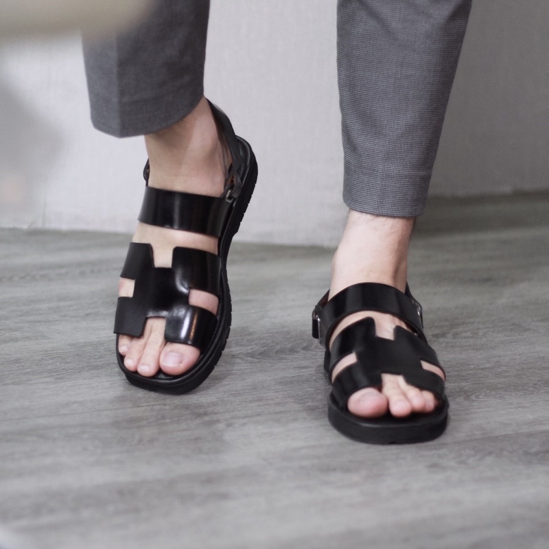 Samantha 01 รองเท้ารัดส้นหนังวัวแท้ สีดำ งานแฮนเมท Unisex