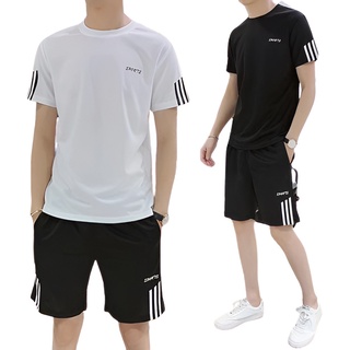(Set2 ชิ้น) เสื้อคอกลมกางเกงขาสั้น ดูดซับเหงื่อและระบายอากาศผู้ชายแห้งเร็ว มี 6 สีให้เลือก