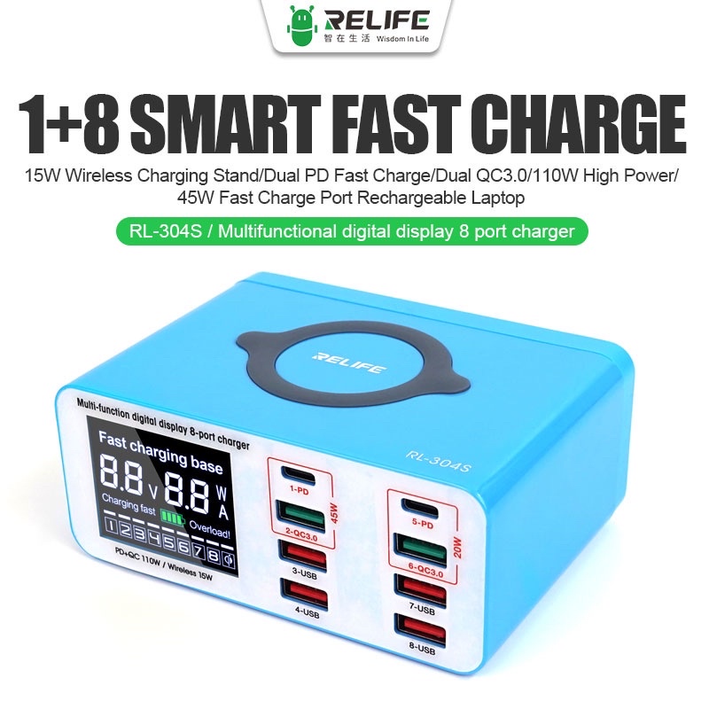 6USB +QC3.0+PD+มีไวเลตชาร์จ มีตัวอ่านกระแสไฟ45W+20W RELIFE RL-304S