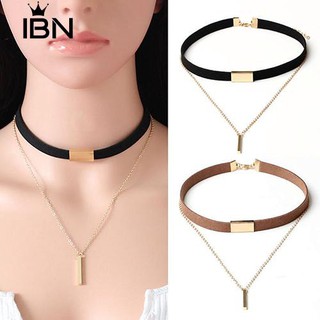 ** ผู้หญิงโกธิค Punk Layered Bar Charm Chain สร้อยคอ Faux Suede Chocker