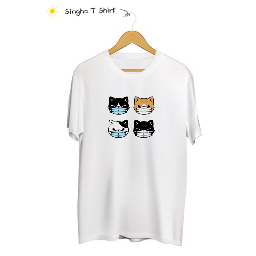 SINGHA T-Shirt เสื้อยืดกสรีนลายน้องแมวใส่แมส