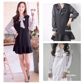 Faridar_shop New !!!! ✨เดรสชายระบาย💕 ต่อแขนผ้าลายริ้ว ช่วงคอทำโบว์ผูกน่ารักๆ