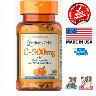 วิตามินซี เสริมภูมิต้านทาน Puritans Pride Vitamin C-500 mg with Bioflavonoids &amp; Rose Hips / 100 Caplets exp12/2025