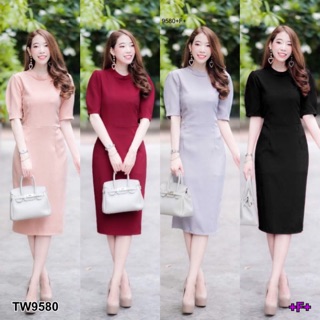 Maxi Dress เดรสยาวคอปีน แขนสั้น ผ้าซาร่าสีพื้น มีซิปหลัง  9580