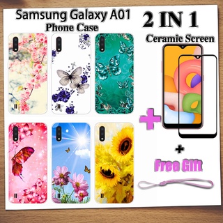 2 IN 1 เคสโทรศัพท์ Samsung Galaxy A01 พร้อมกระจกนิรภัยกันรอยหน้าจอเซรามิค ฟิล์มโค้ง ผีเสื้อ