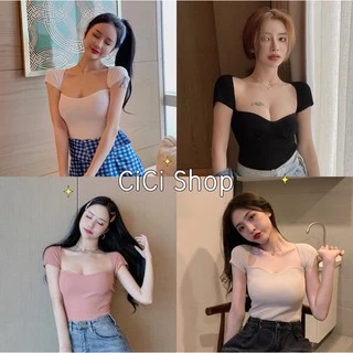 Cicishop(พร้อมส่ง)(70009)เสื้อแขนสั้นเว้าอก ผ้ายืดนิ่ม HOT·สุดๆ